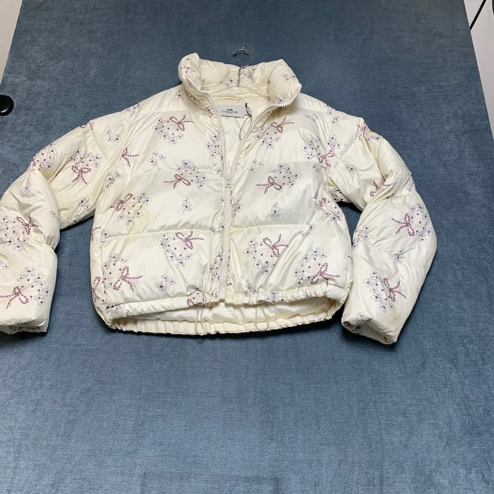 Coach Puffer Jacket Womens Large Cream Floral Print Long Sleeve Winter Full Zip